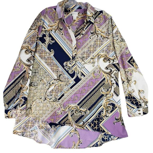 Chicos Shirt Womens Size 2 US Large L Paisley Patchwork Purple Popover - Picture 2 of 8